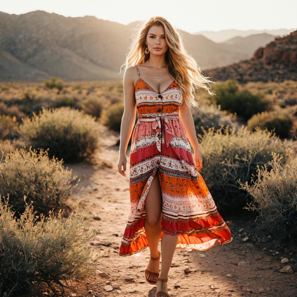 Bohemian Woman Walking on Desert Path in Flowing Dress