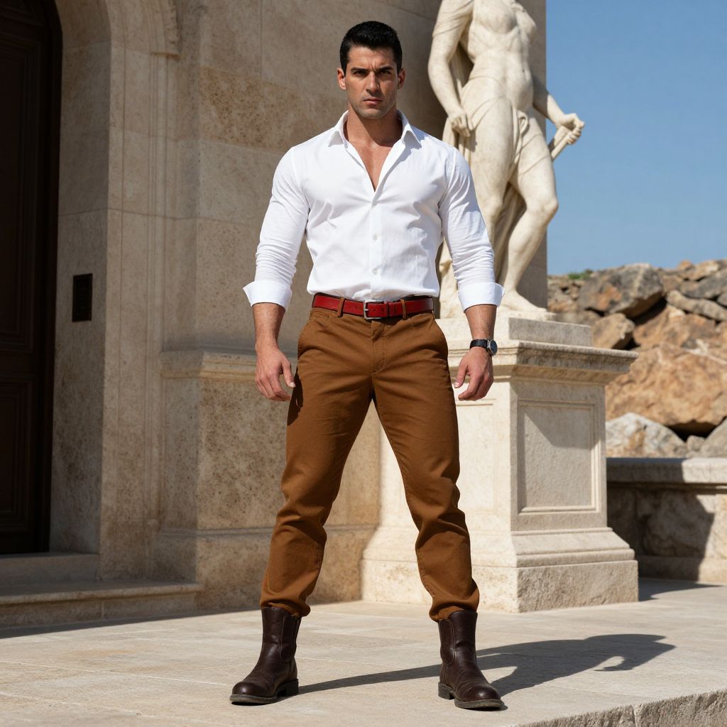 Confident Man in White Shirt and Brown Pants Outdoors with Classic Stone Statue