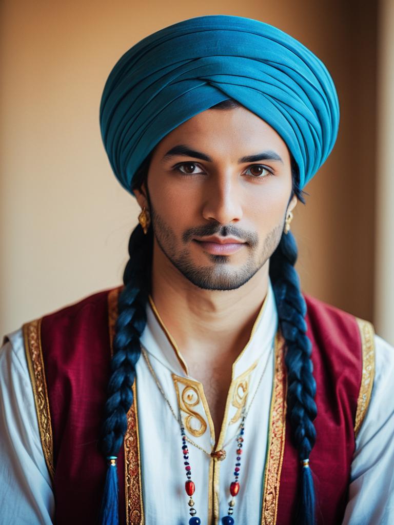 Man in Traditional Aladdin-Inspired Costume with Blue Turban and Braids