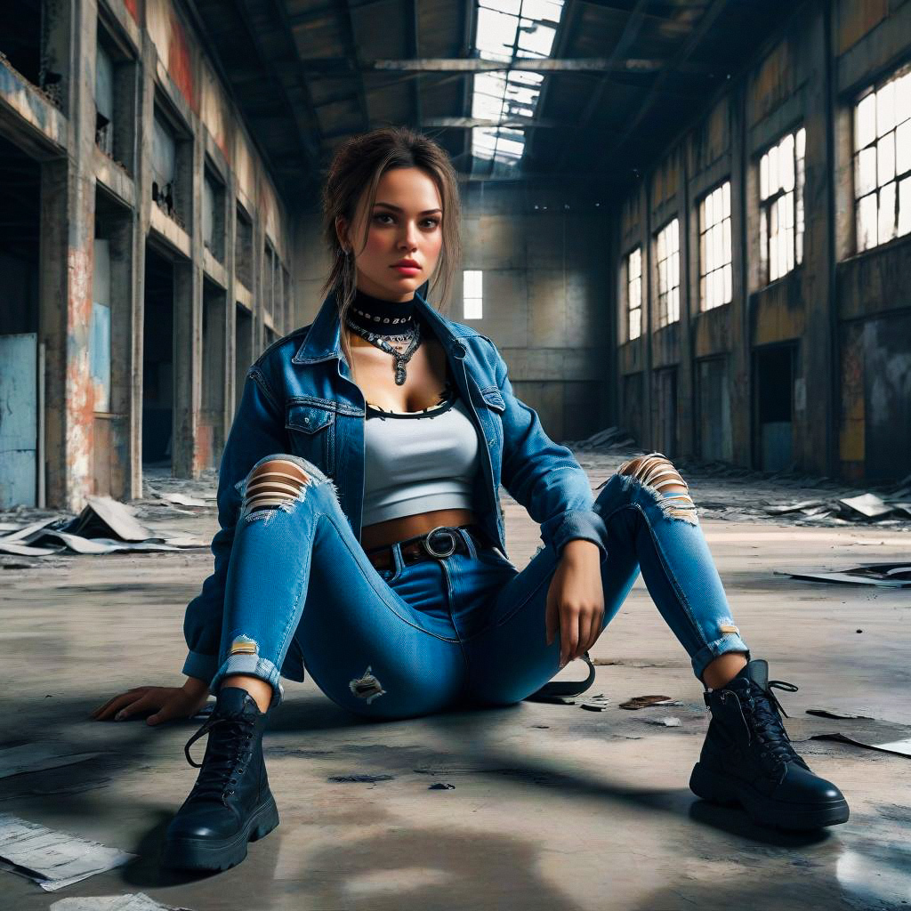 Young Woman in Denim Jacket in Abandoned Warehouse
