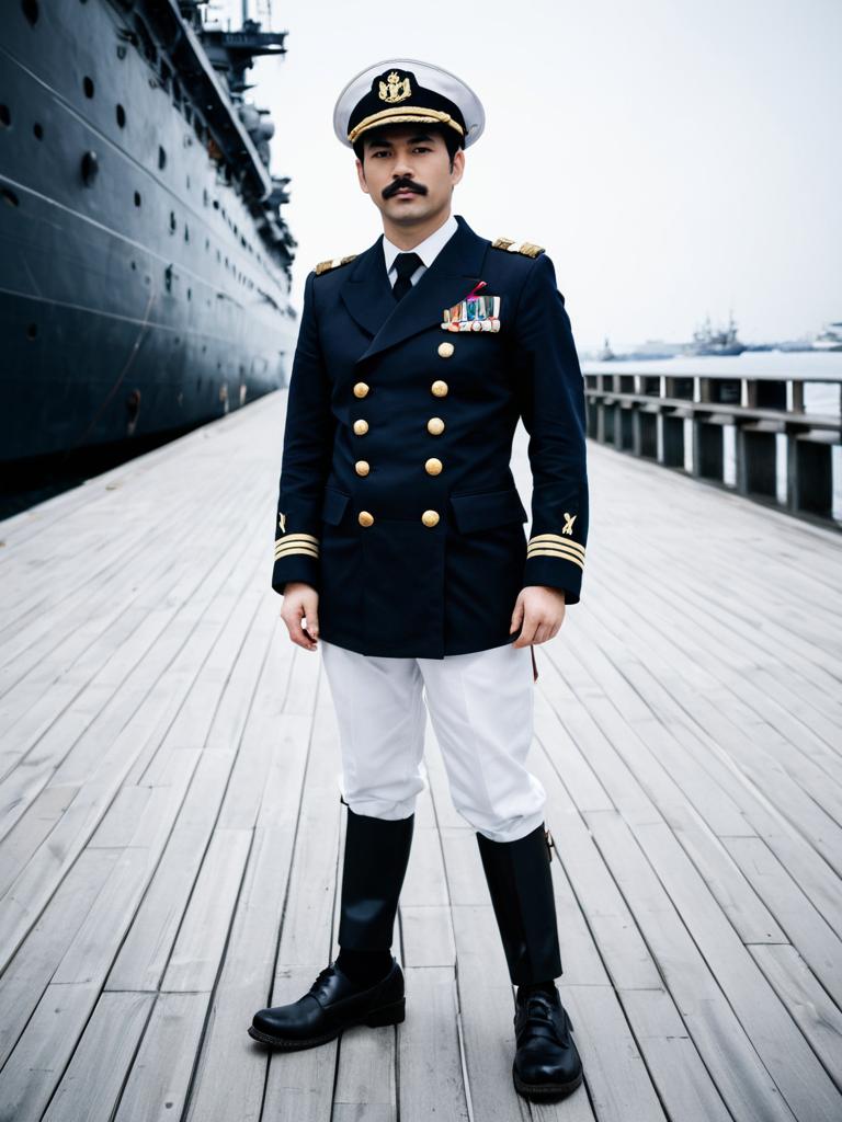 Abyssal Admiral in Formal Navy Uniform Standing on Naval Dock with Battleship