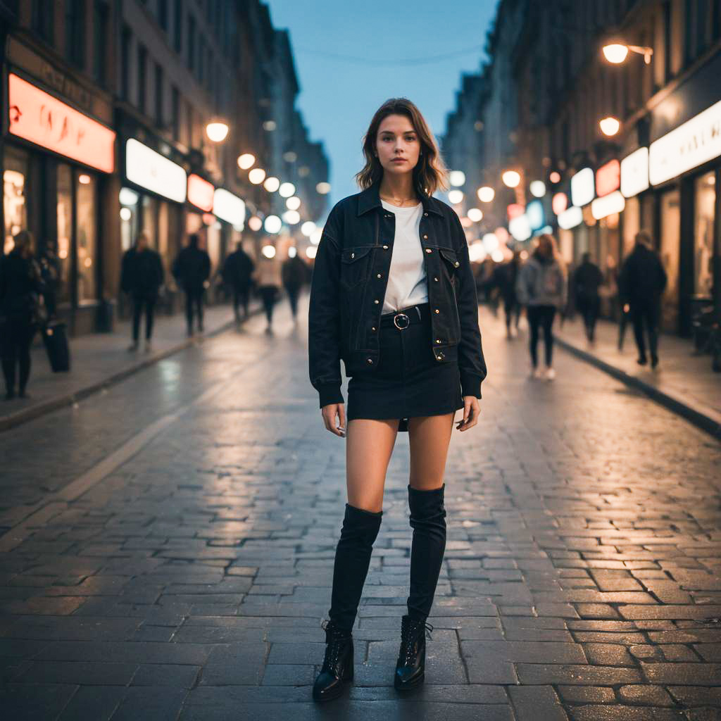 Stylish Young Woman in City at Twilight