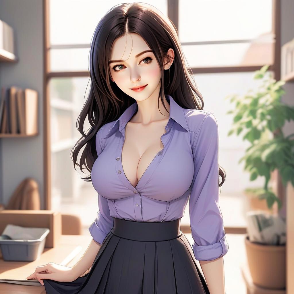 Young Woman in Lavender Blouse and Black Skirt in Modern Room Young Woman in Lavender Blouse and Black Skirt in Modern Room
