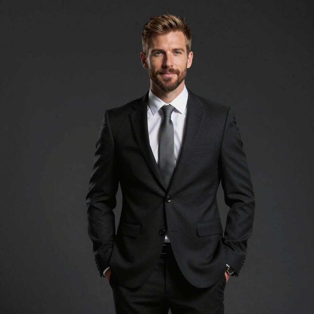 Confident Professional Man in Black Suit on Dark Background