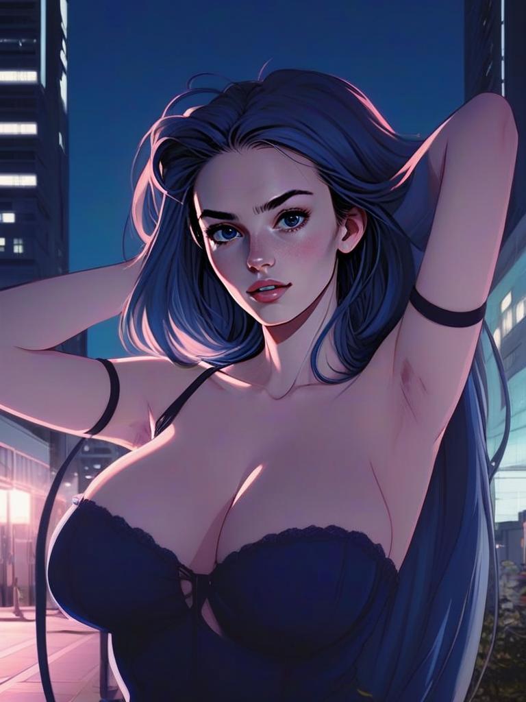 Young Woman in Dark Dress - Urban Night Scene