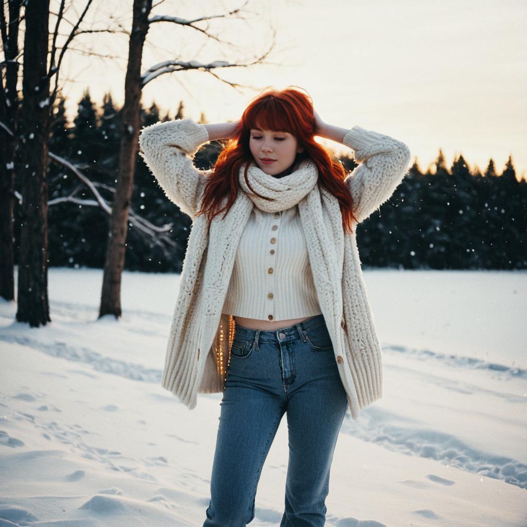 Woman in snowy landscape with red hair