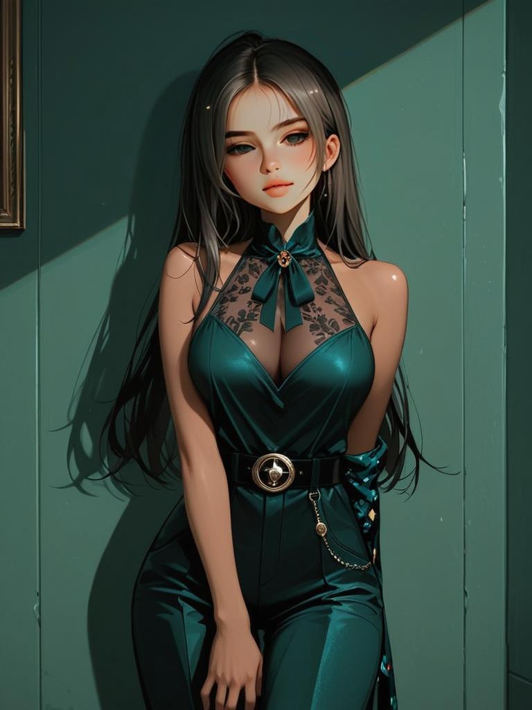 Elegant Anime-Style Woman in Teal Lace and Silk Outfit
