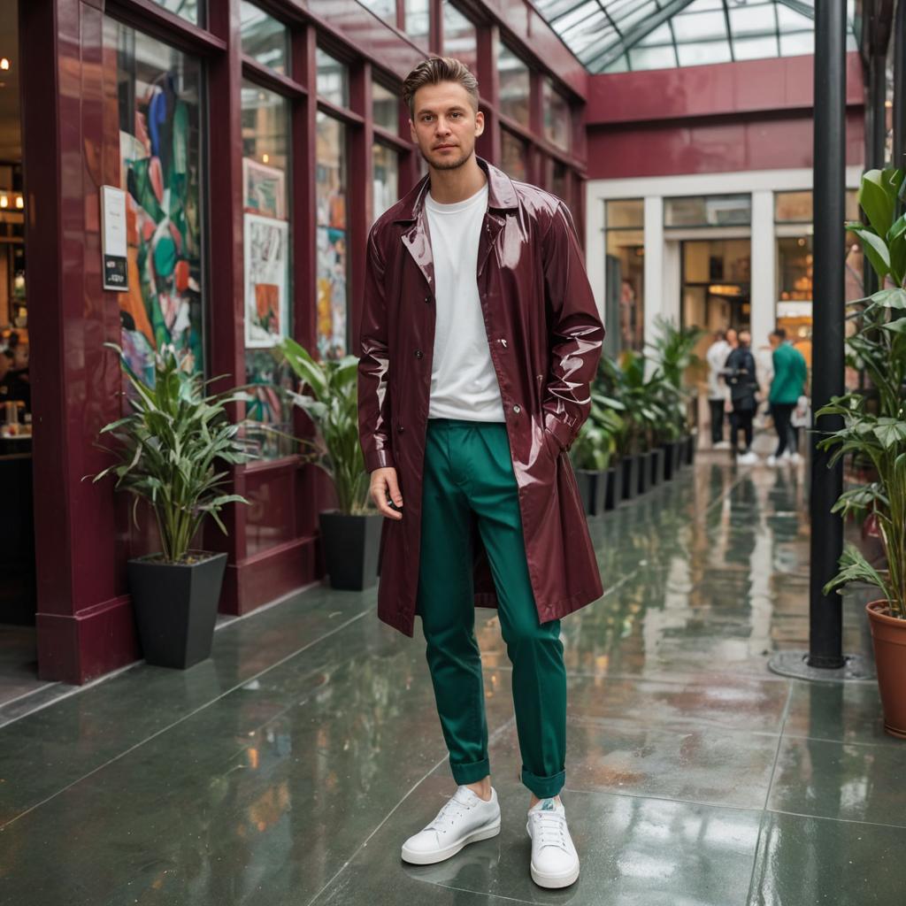 Stylish man in burgundy jacket and emerald trousers