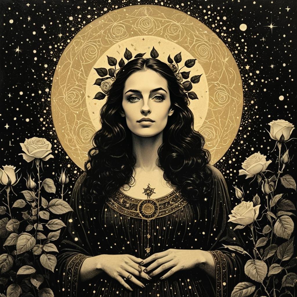 Mystical Woman with Cosmic Halo and Roses Art Nouveau Illustration
