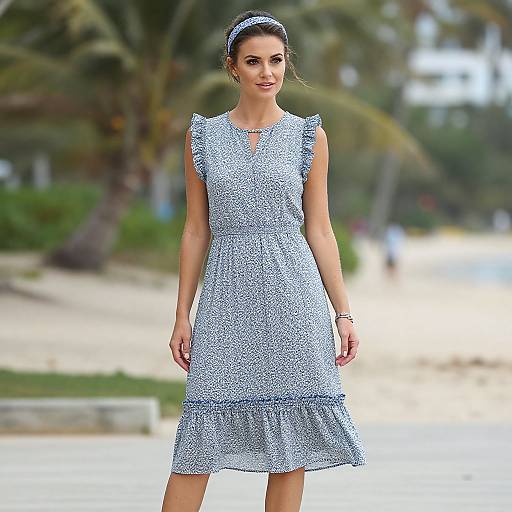 Woman in Light Blue Floral Ruffle Dress at Beach Outdoor