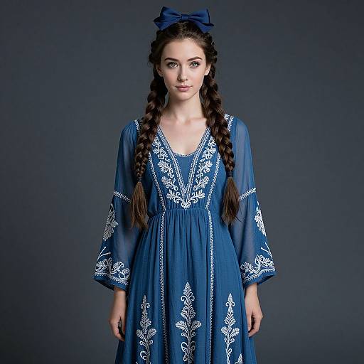 Young Woman in Blue Embroidered Bohemian Dress with Braided Hair