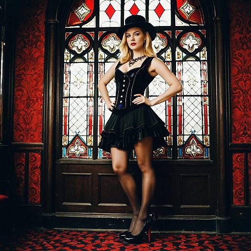 Blonde Woman in Moulin Rouge Costume Standing by Stained Glass Window