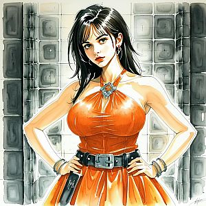 Confident Woman in Orange Halter Dress