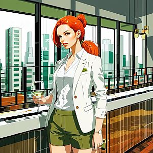 Confident Red-Haired Woman in Urban Setting with Wine