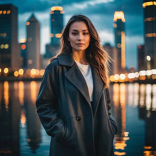 Young Woman by Waterfront City Skyline at Twilight in Dark Overcoat