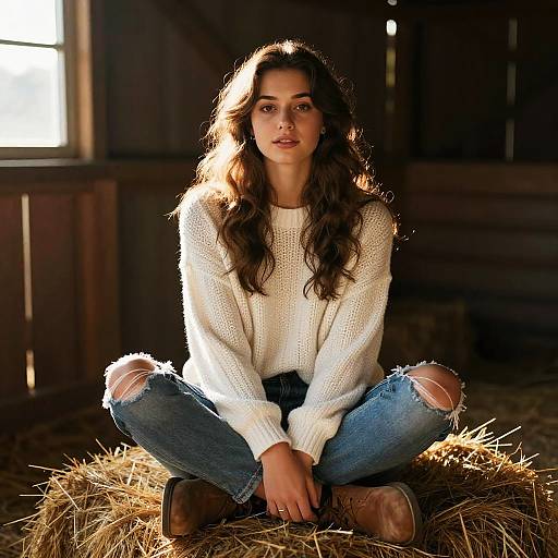 Young Woman Sitting on Hay Bale in Cozy Sweater and Ripped Jeans