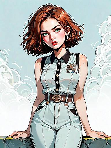 Anime Style Illustration of Red-Haired Woman in Stylish Jumpsuit