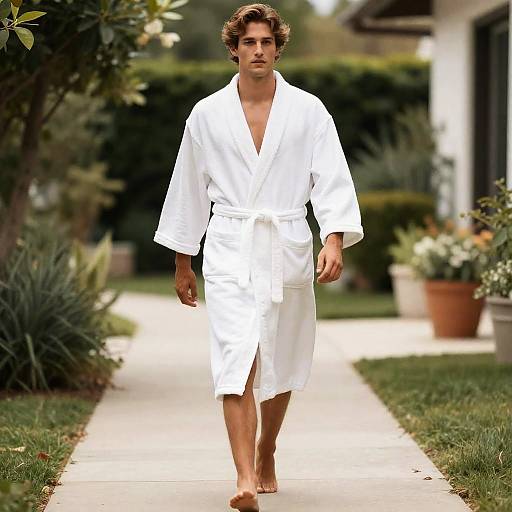 Man Walking in White Shower Robe on Garden Sidewalk