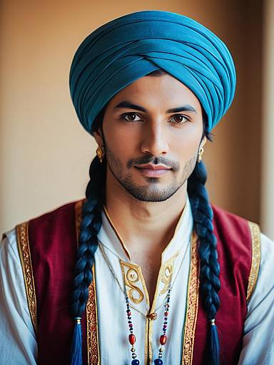 Man in Traditional Aladdin-Inspired Costume with Blue Turban and Braids