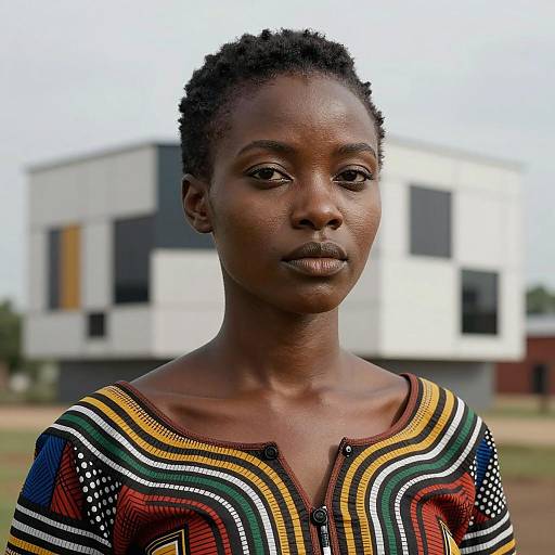 Portrait of Woman in Vibrant African Fashion with Modern Architecture Background