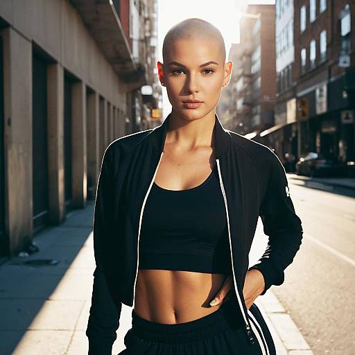 Confident Woman in Black Athletic Wear on Urban Street
