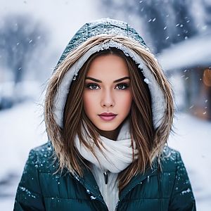 Young Woman in Teal Winter Coat Outdoors in Snow