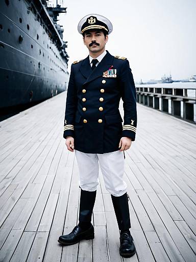 Abyssal Admiral in Formal Navy Uniform Standing on Naval Dock with Battleship