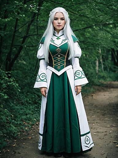Elegant Woman in Sacred Medieval Green and White Dress Forest Cosplay