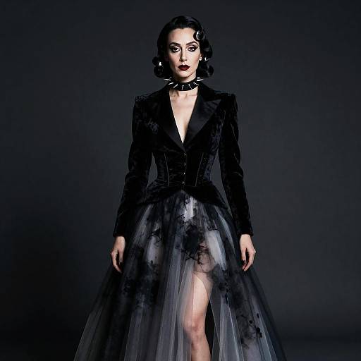 Gothic High-Fashion Woman in Velvet Blazer and Tulle Skirt