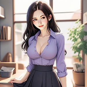 Young Woman in Lavender Blouse and Black Skirt in Modern Room