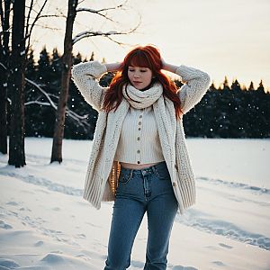 Woman in snowy landscape with red hair