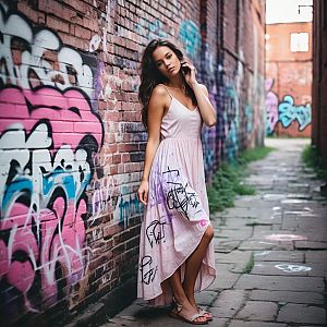 Woman in Pink Dress by Graffiti Wall