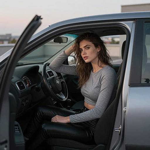 Young Woman Sitting in Car Wearing Gen Z Fashion Outfit