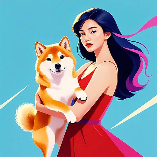 Young Woman Holding Shiba Inu Dog Digital Illustration in Red Dress
