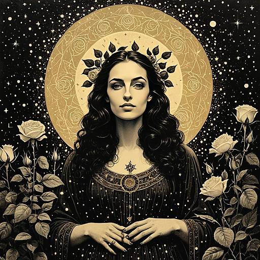 Mystical Woman with Cosmic Halo and Roses Art Nouveau Illustration
