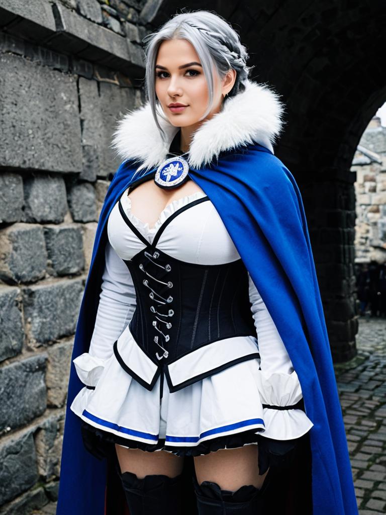 Fantasy Costume Woman at Akershus Fortress with Blue Cape and Corset