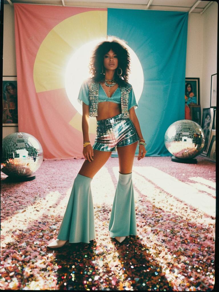 Retro Disco Style Woman in Sparkling Outfit with Flared Pants and Disco Balls