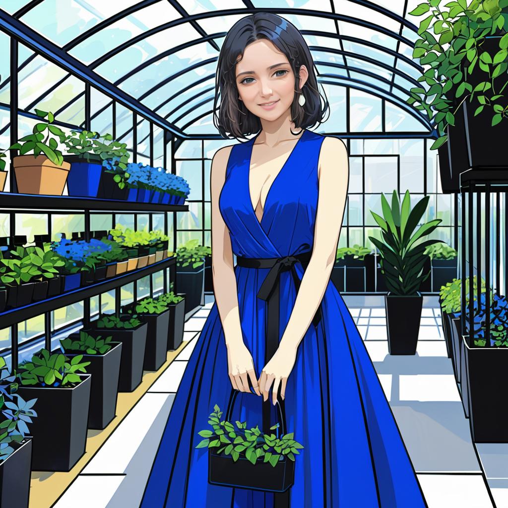 Anime Woman in Blue Dress in Glasshouse