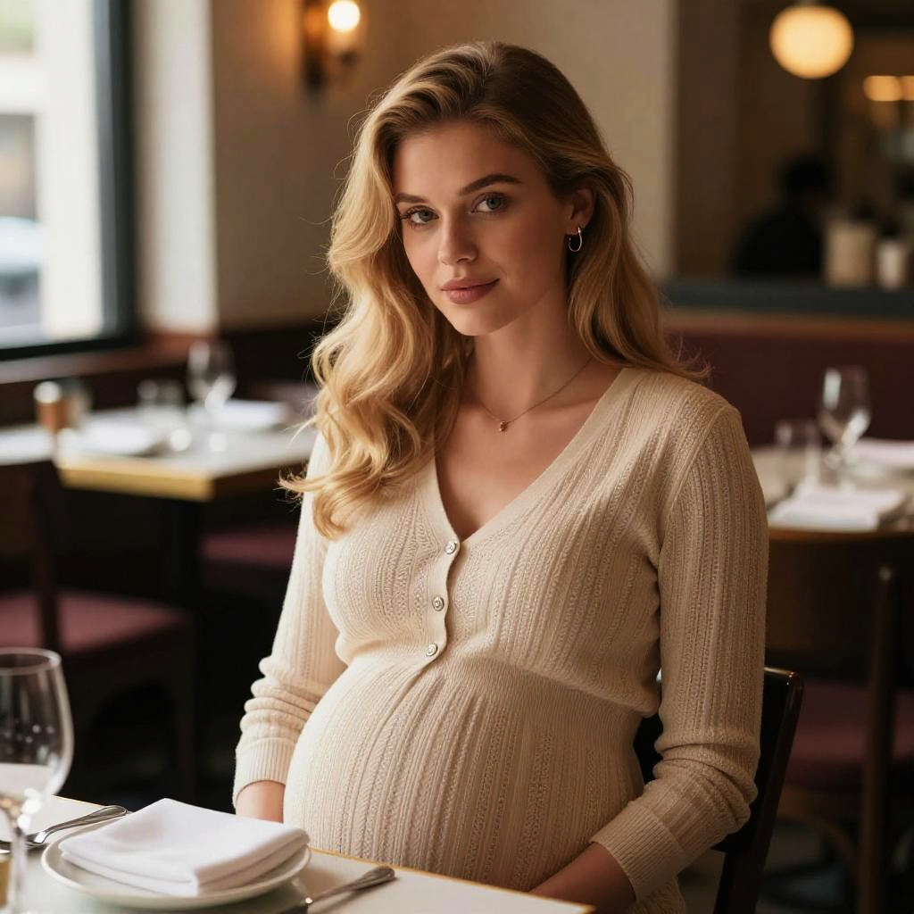 Elegant Pregnant Woman Sitting in Cozy Restaurant Setting