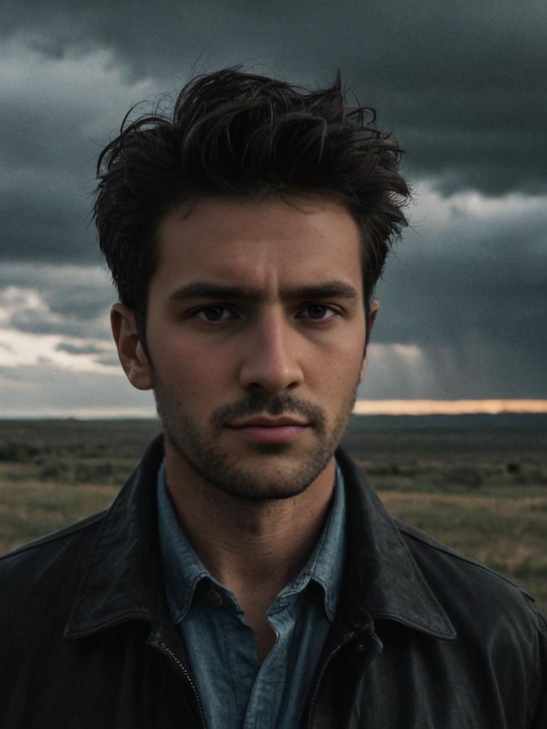 Confident Man Against Dramatic Stormy Sky