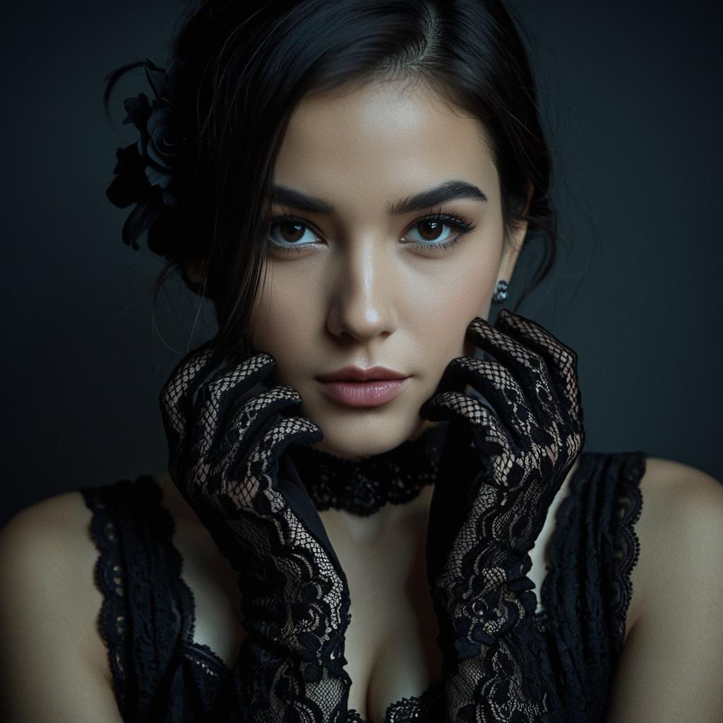 Elegant Woman in Black Lace Gloves Portrait