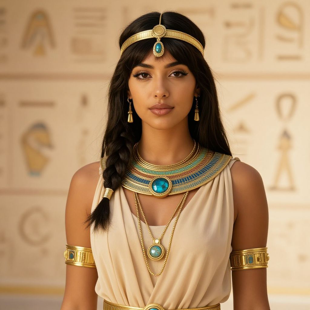 Woman in Ancient Egyptian Costume with Gold and Turquoise Jewelry