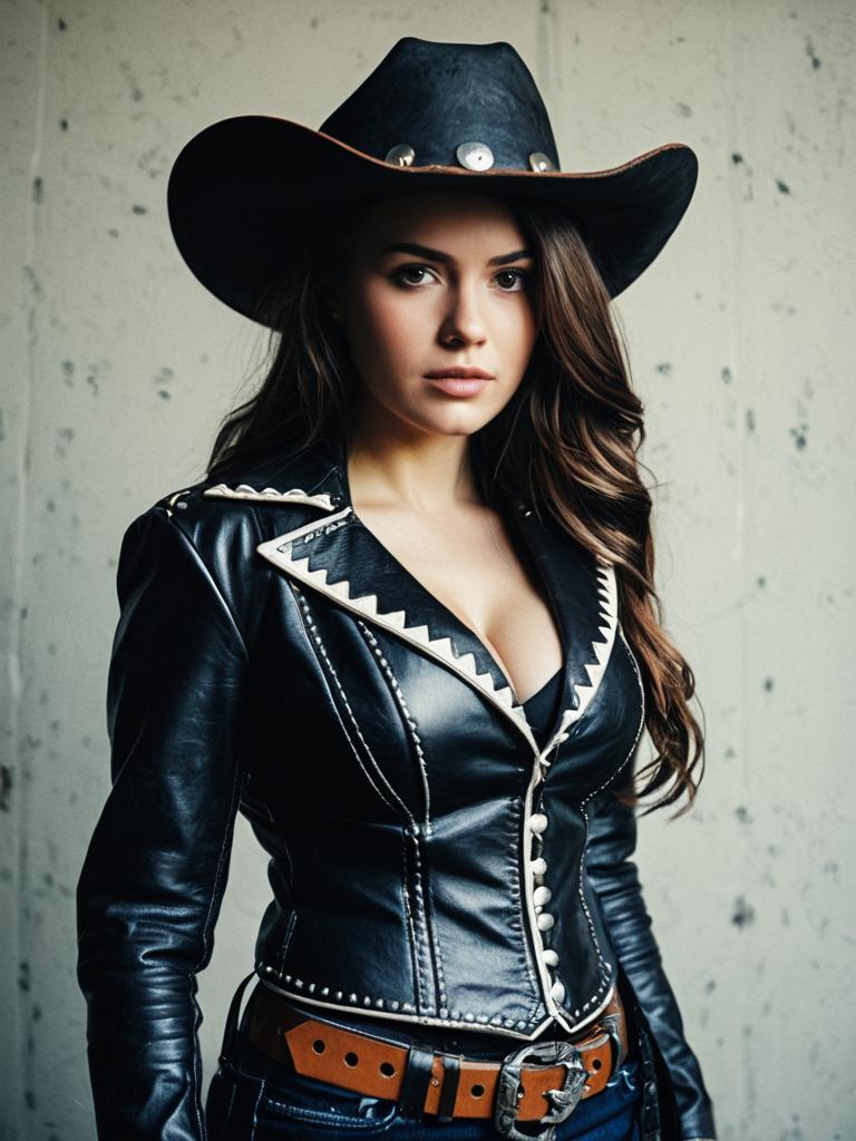 Photorealistic Woman in Leather Cowgirl Costume Cosplay Portrait
