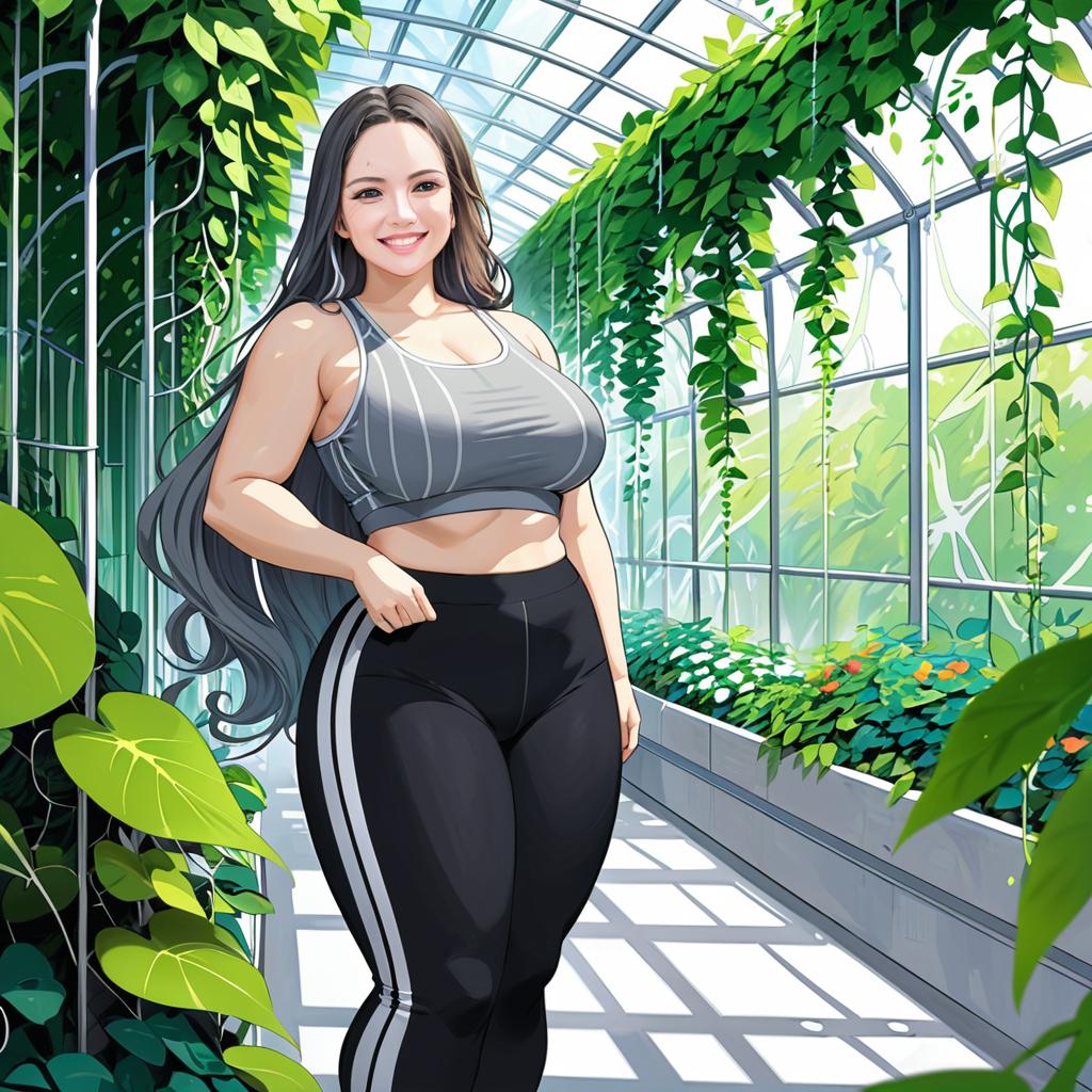 Anime Woman in Greenhouse with Vines and Foliage