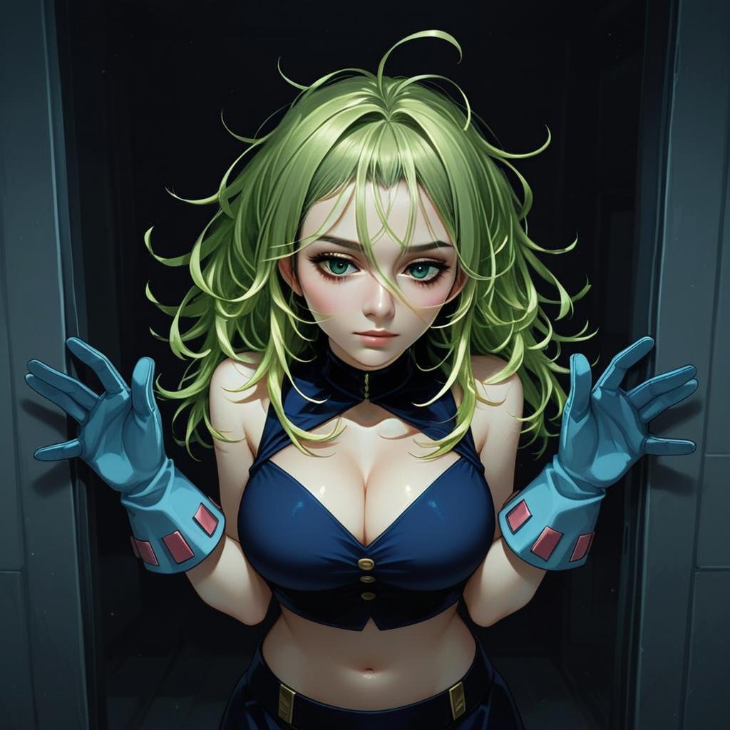 Anime Style Illustration of Green-Haired Woman in Dark Blue Outfit