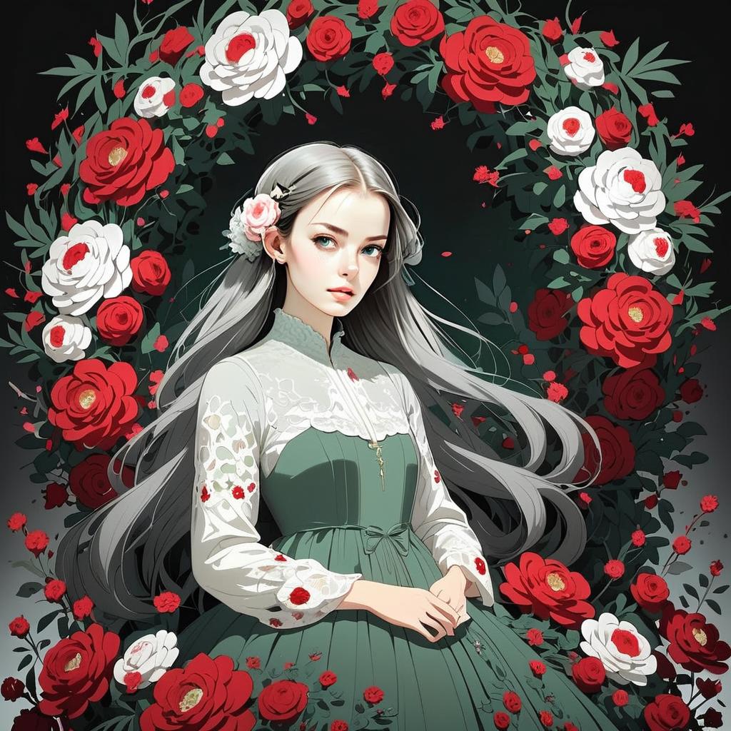 Young Woman in Vintage Green Dress with Roses