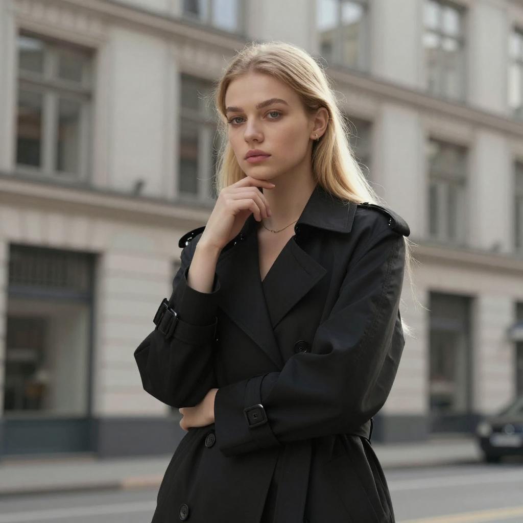 Young Woman in Black Trench Coat Urban Gen Z Fashion Portrait