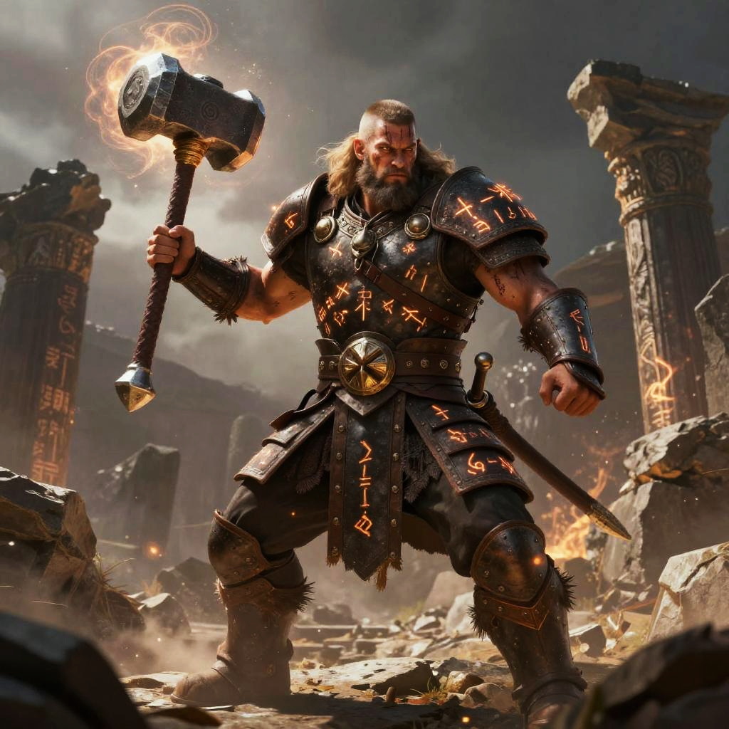 Fantasy Warrior with Glowing Runes and Hammer in Epic Battle Scene
