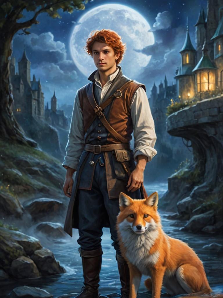 Young Man in Historical Attire with Fox by Enchanting Castle