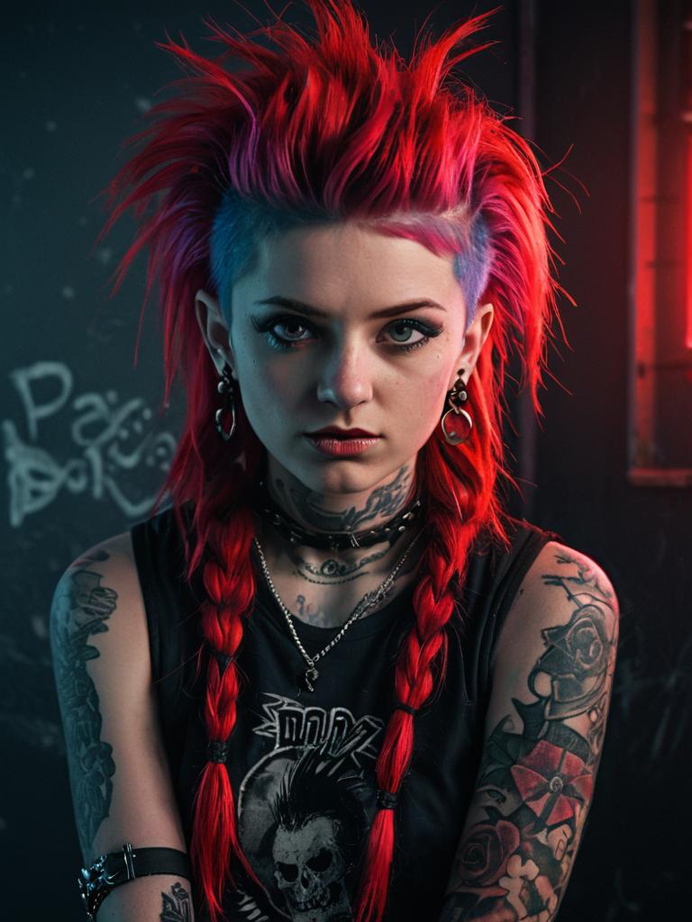 Portrait of a Punk Woman with Red and Blue Hair and Tattoos